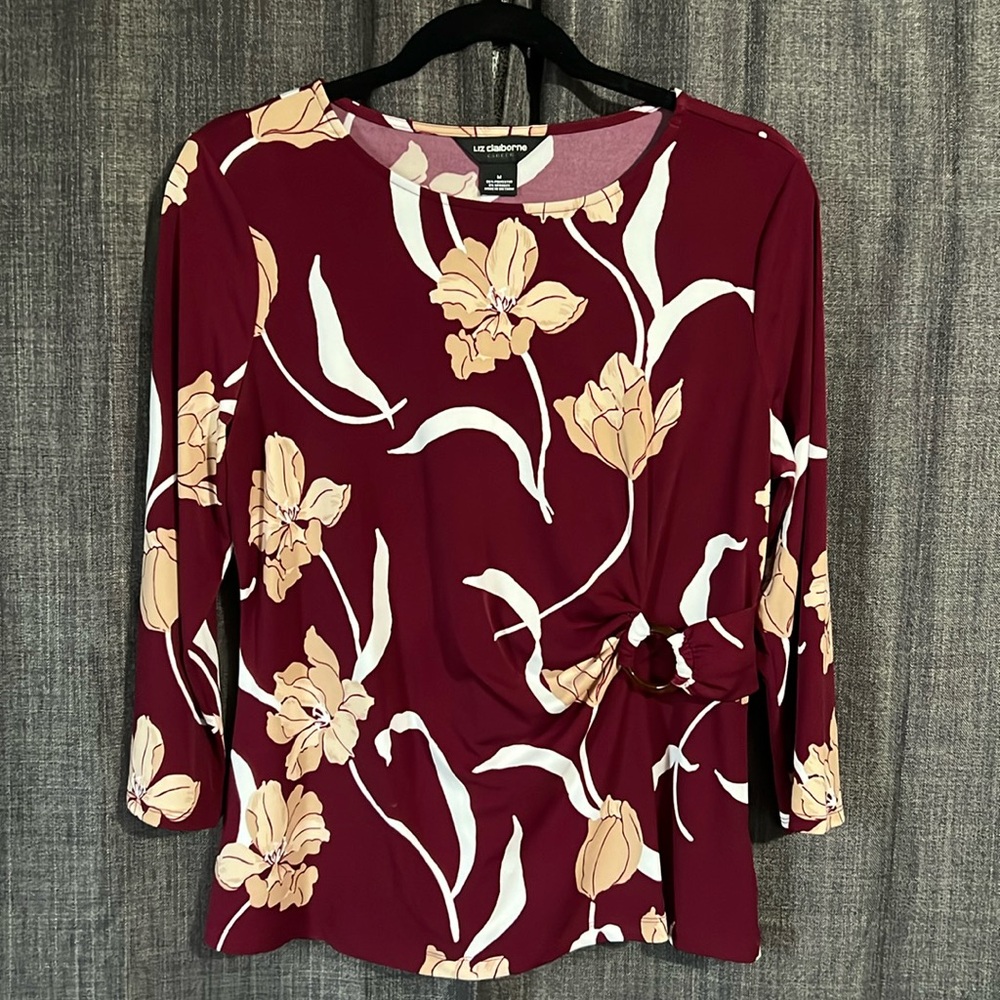 Liz Claiborne career floral blouse with hoop on hip size medium